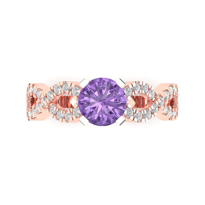 1.42 cttw Simulated Alexandrite Solitaire with Zirconia Simulated Diamond Accents Engagement Ring - Solid Rose/White Gold (VVS1, Round Cut,6.5mm)