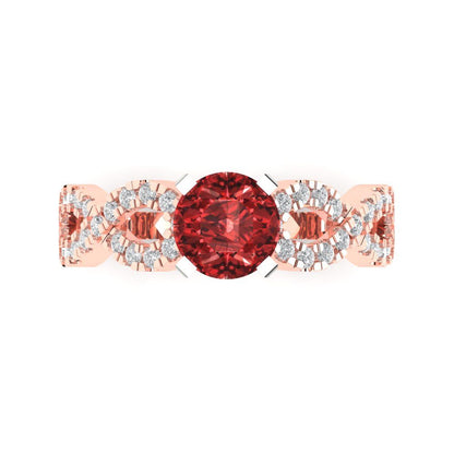 1.42 cttw Natural Garnet Solitaire with Zirconia Simulated Diamond Accents Engagement Ring - Solid Rose/White Gold (VVS1, Round Cut,6.5mm)