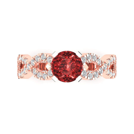 1.42 cttw Natural Garnet Solitaire with Zirconia Simulated Diamond Accents Engagement Ring - Solid Rose/White Gold (VVS1, Round Cut,6.5mm)