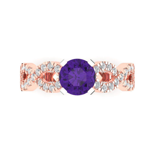 1.42 cttw Natural Amethyst Solitaire with Zirconia Simulated Diamond Accents Engagement Ring - Solid Rose/White Gold (VVS1, Round Cut,6.5mm)