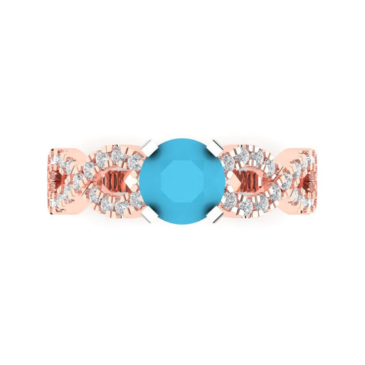 1.42 cttw Simulated Turquoise Solitaire with Zirconia Simulated Diamond Accents Engagement Ring - Solid Rose/White Gold (VVS1, Round Cut,6.5mm)