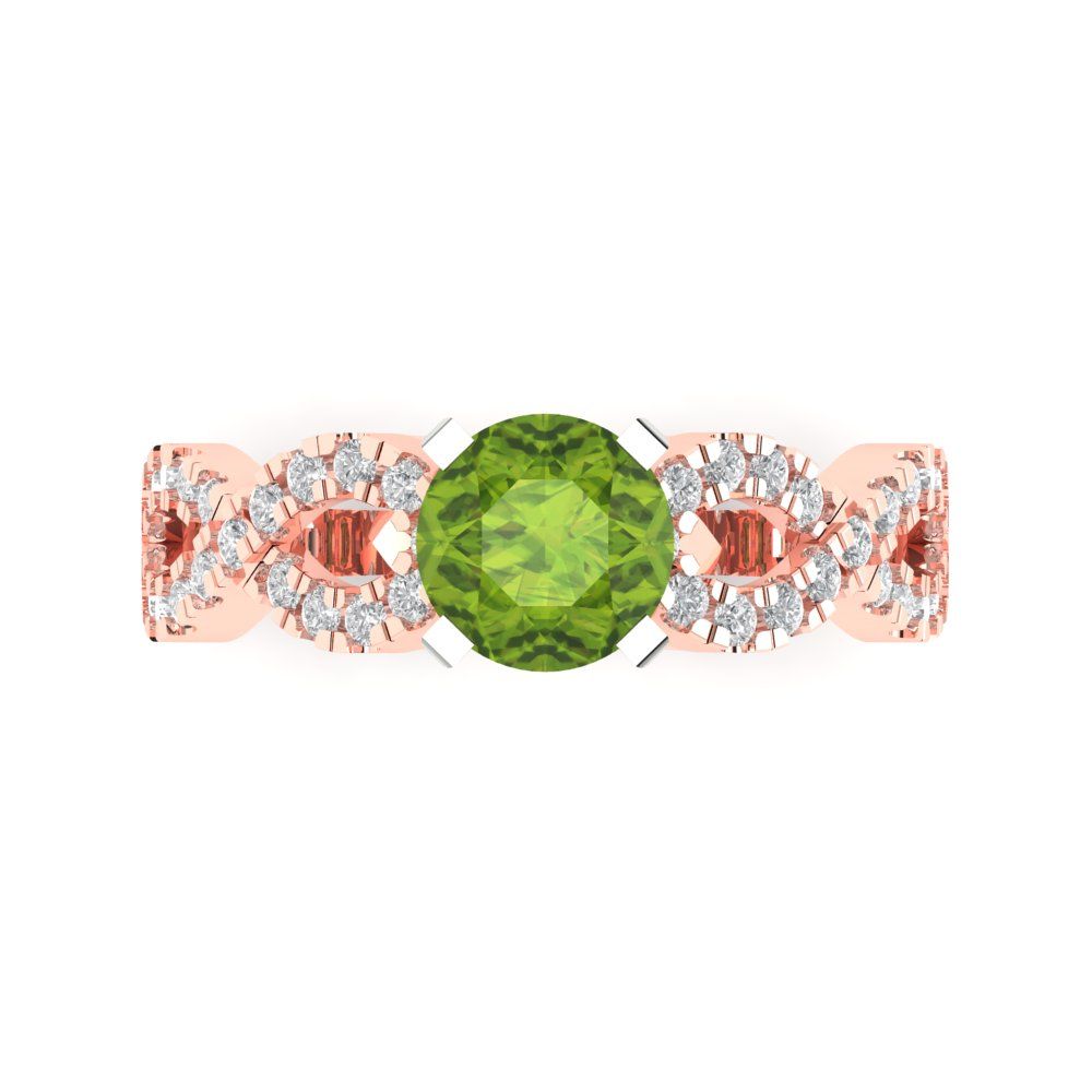 1.42 cttw Natural Peridot Solitaire with Zirconia Simulated Diamond Accents Engagement Ring - Solid Rose/White Gold (VVS1, Round Cut,6.5mm)