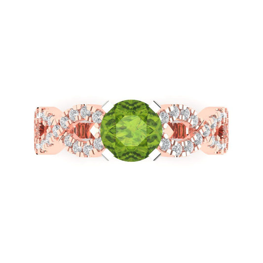 1.42 cttw Natural Peridot Solitaire with Zirconia Simulated Diamond Accents Engagement Ring - Solid Rose/White Gold (VVS1, Round Cut,6.5mm)