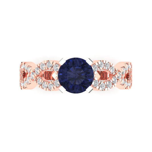 1.42 cttw Simulated Blue Sapphire Solitaire with Zirconia Simulated Diamond Accents Engagement Ring - Solid Rose/White Gold (VVS1, Round Cut,6.5mm)