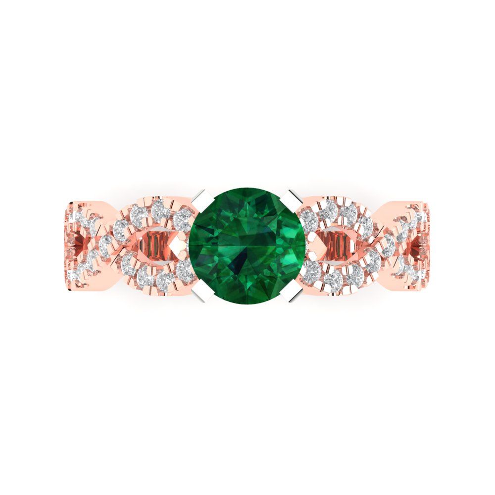 1.42 cttw Simulated Emerald Solitaire with Zirconia Simulated Diamond Accents Engagement Ring - Solid Rose/White Gold (VVS1, Round Cut,6.5mm)
