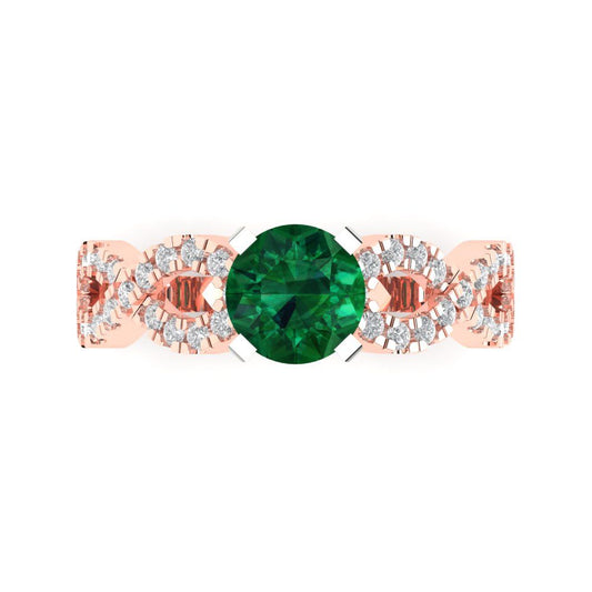 1.42 cttw Simulated Emerald Solitaire with Zirconia Simulated Diamond Accents Engagement Ring - Solid Rose/White Gold (VVS1, Round Cut,6.5mm)