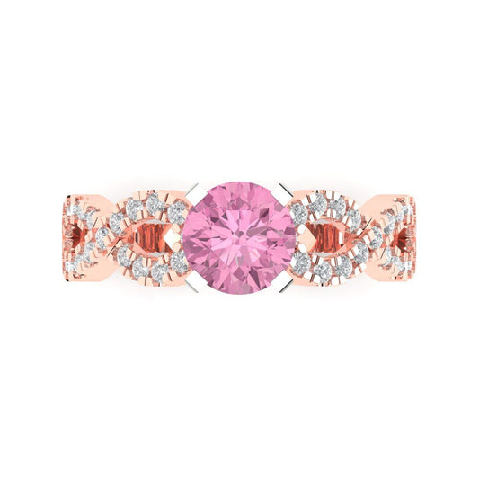1.42 cttw Zirconia Simulated Pink Diamond Solitaire with Zirconia Simulated Diamond Accents Engagement Ring - Solid Rose/White Gold (VVS1, Round Cut,6.5mm)