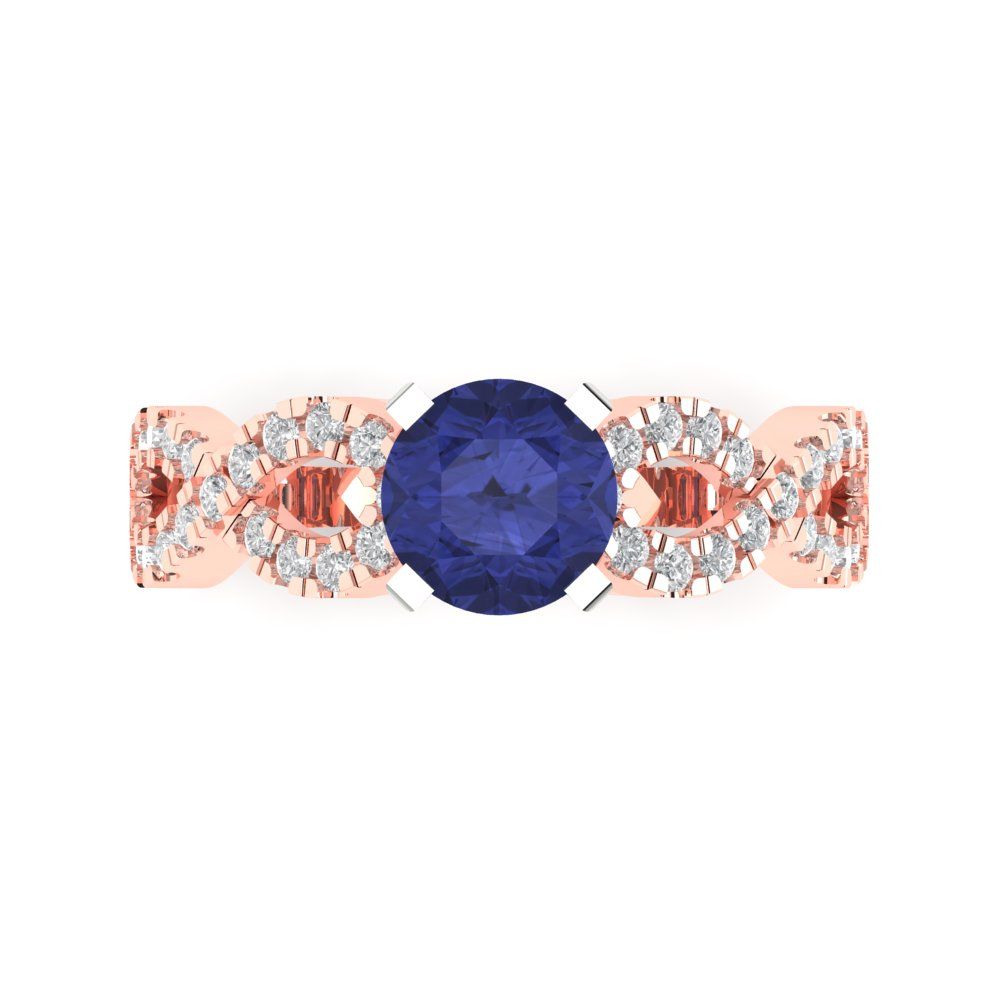 1.42 cttw Simulated Tanzanite Solitaire with Zirconia Simulated Diamond Accents Engagement Ring - Solid Rose/White Gold (VVS1, Round Cut,6.5mm)
