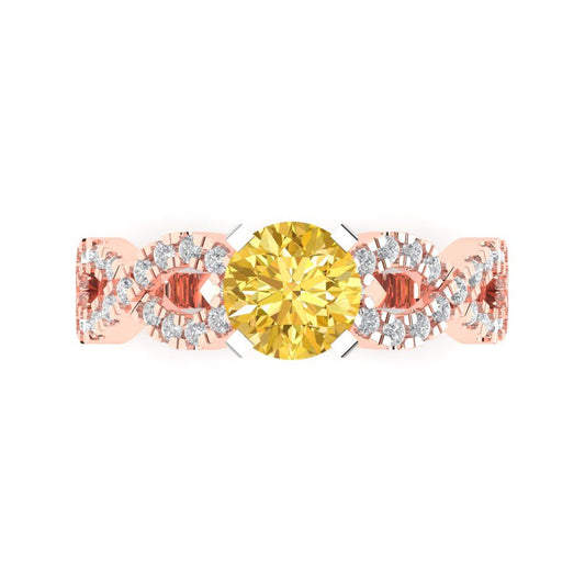 1.42 cttw Natural Citrine Solitaire with Zirconia Simulated Diamond Accents Engagement Ring - Solid Rose/White Gold (VVS1, Round Cut,6.5mm)