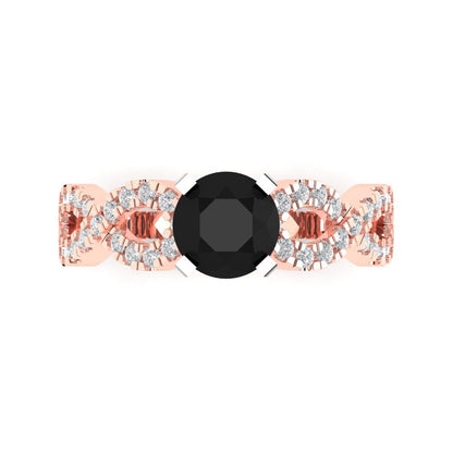 1.42 cttw Natural Onyx Solitaire with Zirconia Simulated Diamond Accents Engagement Ring - Solid Rose/White Gold (VVS1, Round Cut,6.5mm)