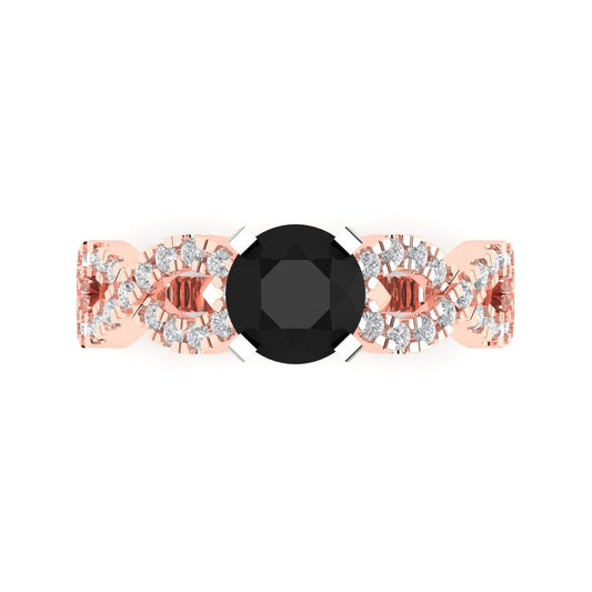 1.42 cttw Natural Onyx Solitaire with Zirconia Simulated Diamond Accents Engagement Ring - Solid Rose/White Gold (VVS1, Round Cut,6.5mm)
