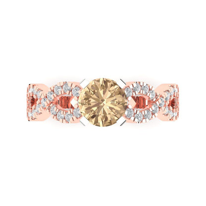 1.42 cttw Yellow Moissanite Solitaire with Zirconia Simulated Diamond Accents Engagement Ring - Solid Rose/White Gold (VVS1, Round Cut,6.5mm)