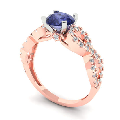 1.42 cttw Simulated Tanzanite Solitaire with Zirconia Simulated Diamond Accents Engagement Ring - Solid Rose/White Gold (VVS1, Round Cut,6.5mm)