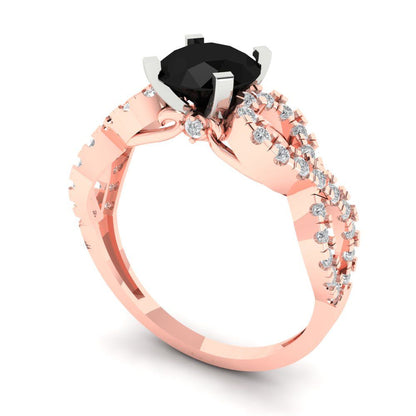 1.42 cttw Natural Onyx Solitaire with Zirconia Simulated Diamond Accents Engagement Ring - Solid Rose/White Gold (VVS1, Round Cut,6.5mm)