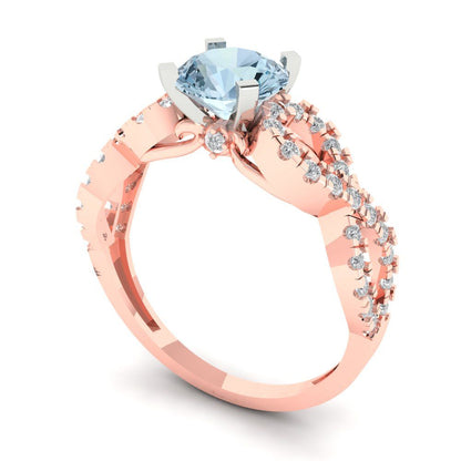 1.42 cttw Natural Aquamarine Solitaire with Zirconia Simulated Diamond Accents Engagement Ring - Solid Rose/White Gold (VVS1, Round Cut,6.5mm)