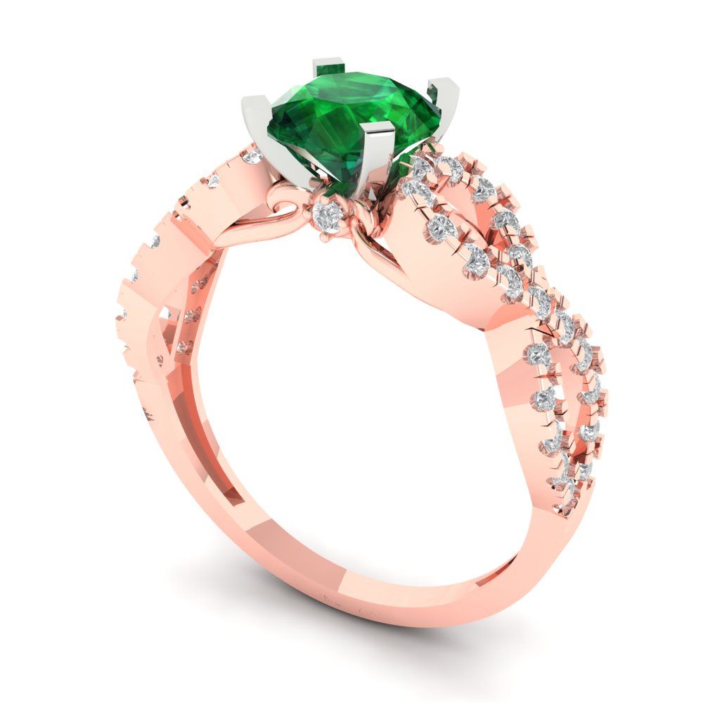 1.42 cttw Simulated Emerald Solitaire with Zirconia Simulated Diamond Accents Engagement Ring - Solid Rose/White Gold (VVS1, Round Cut,6.5mm)