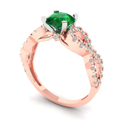 1.42 cttw Simulated Emerald Solitaire with Zirconia Simulated Diamond Accents Engagement Ring - Solid Rose/White Gold (VVS1, Round Cut,6.5mm)