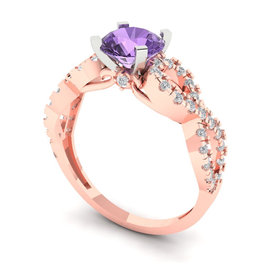 1.42 cttw Simulated Alexandrite Solitaire with Zirconia Simulated Diamond Accents Engagement Ring - Solid Rose/White Gold (VVS1, Round Cut,6.5mm)