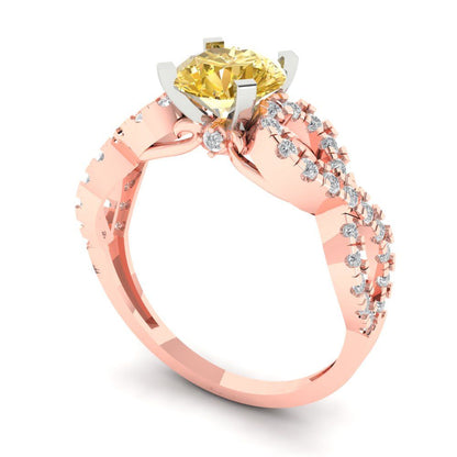 1.42 cttw Yellow Moissanite Solitaire with Zirconia Simulated Diamond Accents Engagement Ring - Solid Rose/White Gold (VVS1, Round Cut,6.5mm)