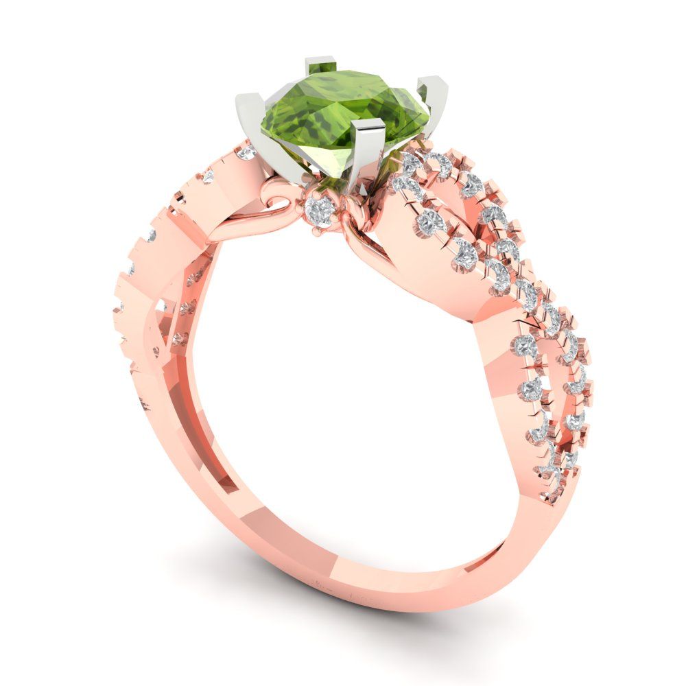 1.42 cttw Natural Peridot Solitaire with Zirconia Simulated Diamond Accents Engagement Ring - Solid Rose/White Gold (VVS1, Round Cut,6.5mm)