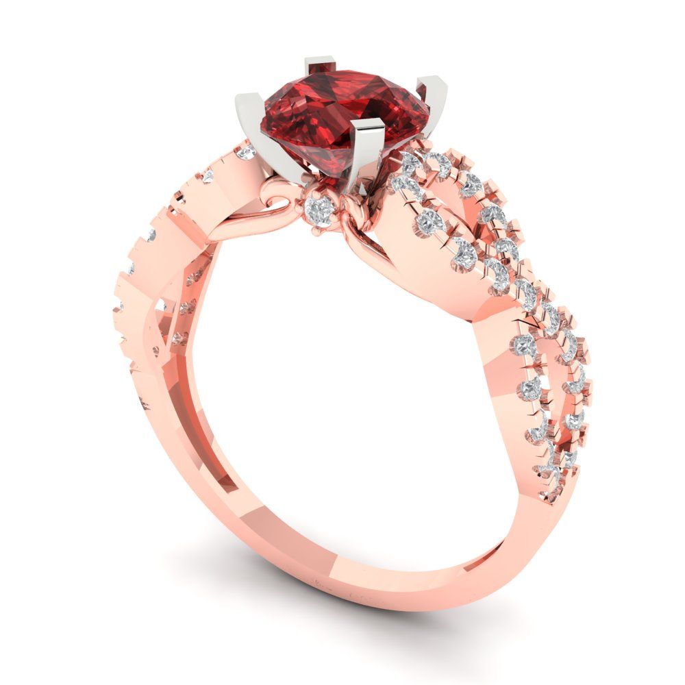 1.42 cttw Natural Garnet Solitaire with Zirconia Simulated Diamond Accents Engagement Ring - Solid Rose/White Gold (VVS1, Round Cut,6.5mm)