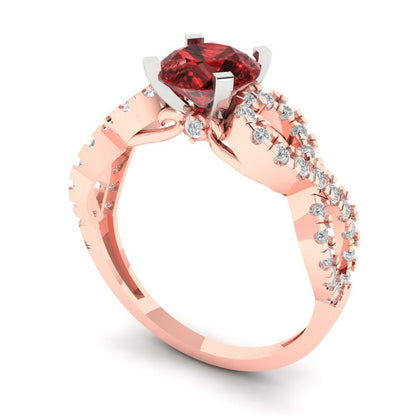 1.42 cttw Natural Garnet Solitaire with Zirconia Simulated Diamond Accents Engagement Ring - Solid Rose/White Gold (VVS1, Round Cut,6.5mm)