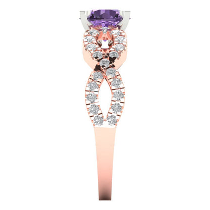 1.42 cttw Simulated Alexandrite Solitaire with Zirconia Simulated Diamond Accents Engagement Ring - Solid Rose/White Gold (VVS1, Round Cut,6.5mm)