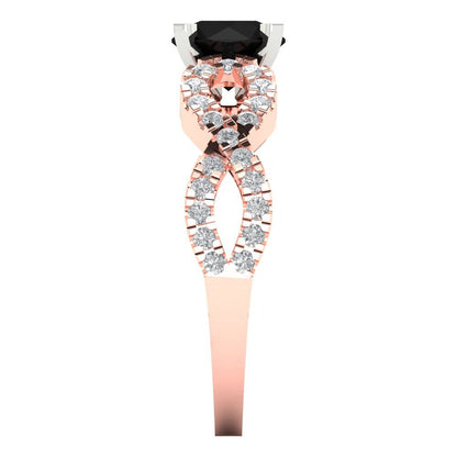 1.42 cttw Natural Onyx Solitaire with Zirconia Simulated Diamond Accents Engagement Ring - Solid Rose/White Gold (VVS1, Round Cut,6.5mm)