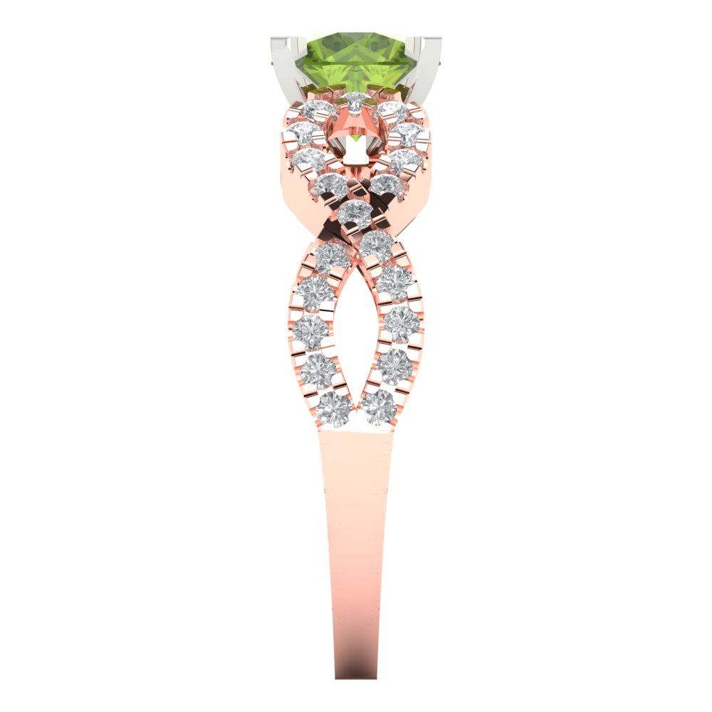 1.42 cttw Natural Peridot Solitaire with Zirconia Simulated Diamond Accents Engagement Ring - Solid Rose/White Gold (VVS1, Round Cut,6.5mm)