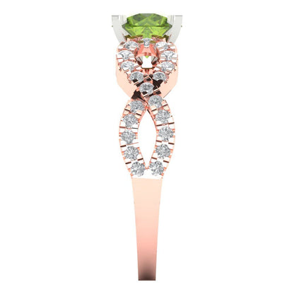 1.42 cttw Natural Peridot Solitaire with Zirconia Simulated Diamond Accents Engagement Ring - Solid Rose/White Gold (VVS1, Round Cut,6.5mm)