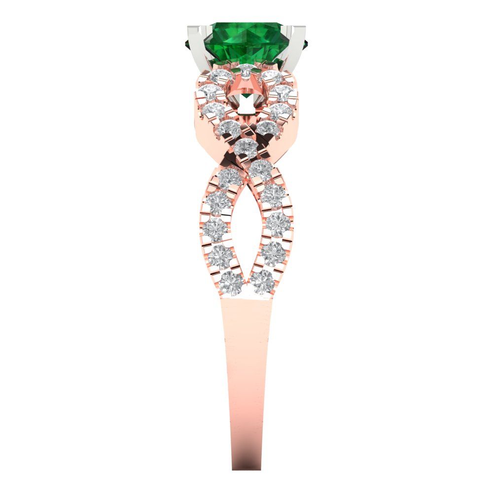 1.42 cttw Simulated Emerald Solitaire with Zirconia Simulated Diamond Accents Engagement Ring - Solid Rose/White Gold (VVS1, Round Cut,6.5mm)