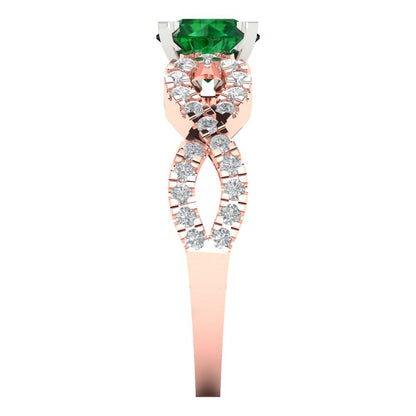 1.42 cttw Simulated Emerald Solitaire with Zirconia Simulated Diamond Accents Engagement Ring - Solid Rose/White Gold (VVS1, Round Cut,6.5mm)