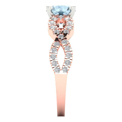 1.42 cttw Natural Aquamarine Solitaire with Zirconia Simulated Diamond Accents Engagement Ring - Solid Rose/White Gold (VVS1, Round Cut,6.5mm)