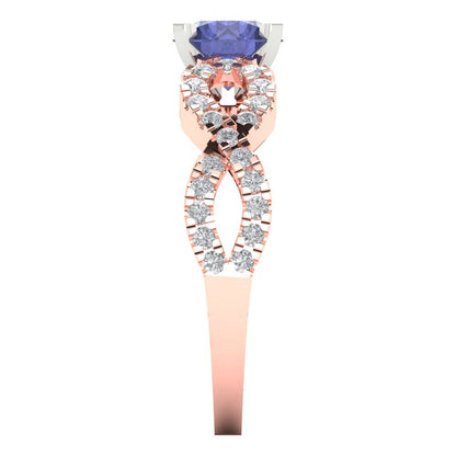 1.42 cttw Simulated Tanzanite Solitaire with Zirconia Simulated Diamond Accents Engagement Ring - Solid Rose/White Gold (VVS1, Round Cut,6.5mm)