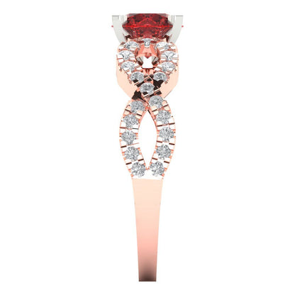 1.42 cttw Natural Garnet Solitaire with Zirconia Simulated Diamond Accents Engagement Ring - Solid Rose/White Gold (VVS1, Round Cut,6.5mm)