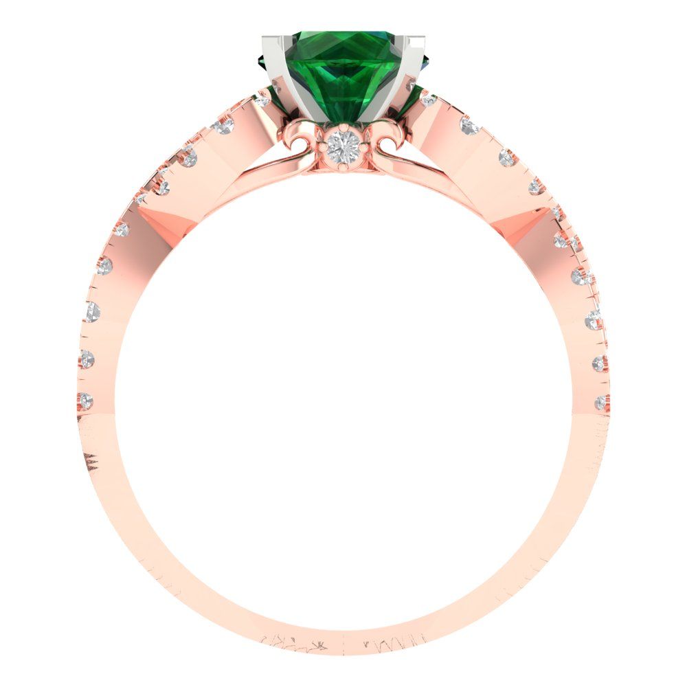 1.42 cttw Simulated Emerald Solitaire with Zirconia Simulated Diamond Accents Engagement Ring - Solid Rose/White Gold (VVS1, Round Cut,6.5mm)