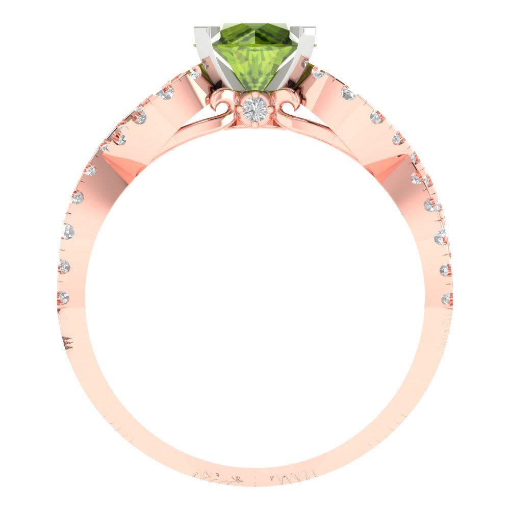 1.42 cttw Natural Peridot Solitaire with Zirconia Simulated Diamond Accents Engagement Ring - Solid Rose/White Gold (VVS1, Round Cut,6.5mm)
