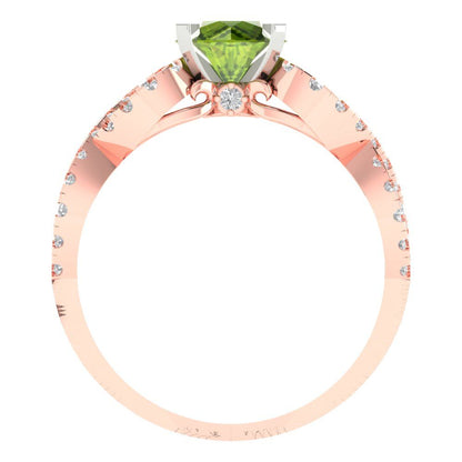 1.42 cttw Natural Peridot Solitaire with Zirconia Simulated Diamond Accents Engagement Ring - Solid Rose/White Gold (VVS1, Round Cut,6.5mm)