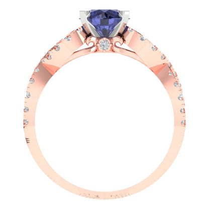 1.42 cttw Simulated Tanzanite Solitaire with Zirconia Simulated Diamond Accents Engagement Ring - Solid Rose/White Gold (VVS1, Round Cut,6.5mm)
