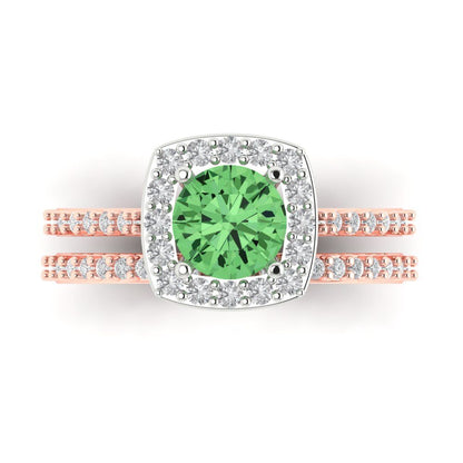 1.495 cttw Round Cut Simulated Green Diamond Bridal Set - Solid Rose/White Gold Engagement Ring & Wedding Band