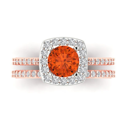 1.495 cttw Round Cut Simulated Red Diamond Bridal Set - Solid Rose/White Gold Engagement Ring & Wedding Band