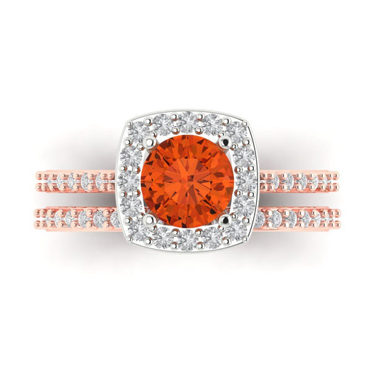 1.495 cttw Round Cut Simulated Red Diamond Bridal Set - Solid Rose/White Gold Engagement Ring & Wedding Band