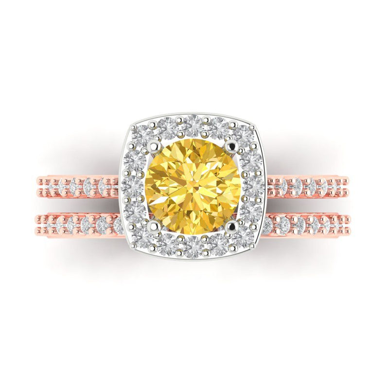 1.58 ct Brilliant Round Cut Natural Citrine Stone Rose/White Gold Halo Solitaire with Accents Bridal Set