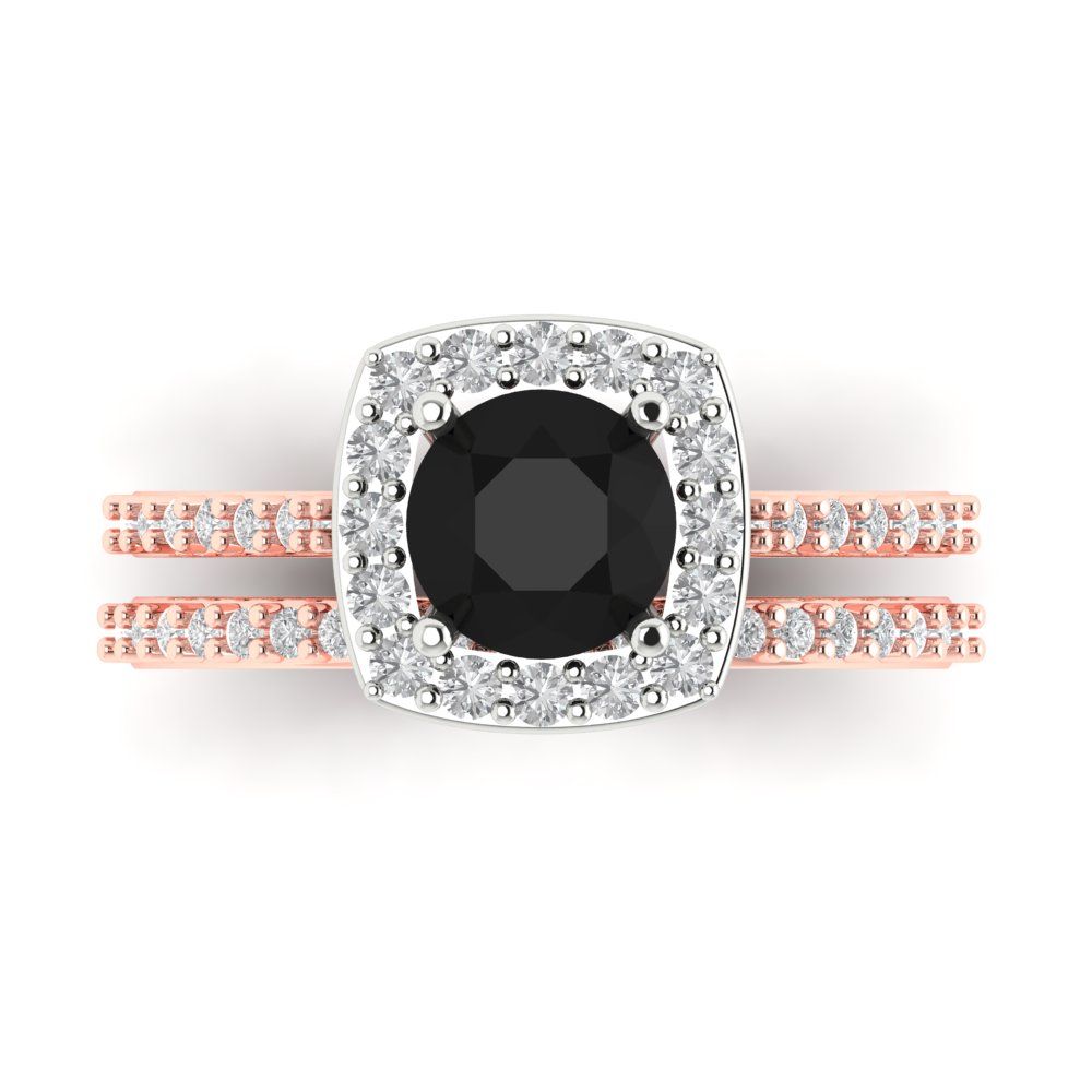 1.495 cttw Round Cut Natural Onyx Bridal Set - Solid Rose/White Gold Engagement Ring & Wedding Band