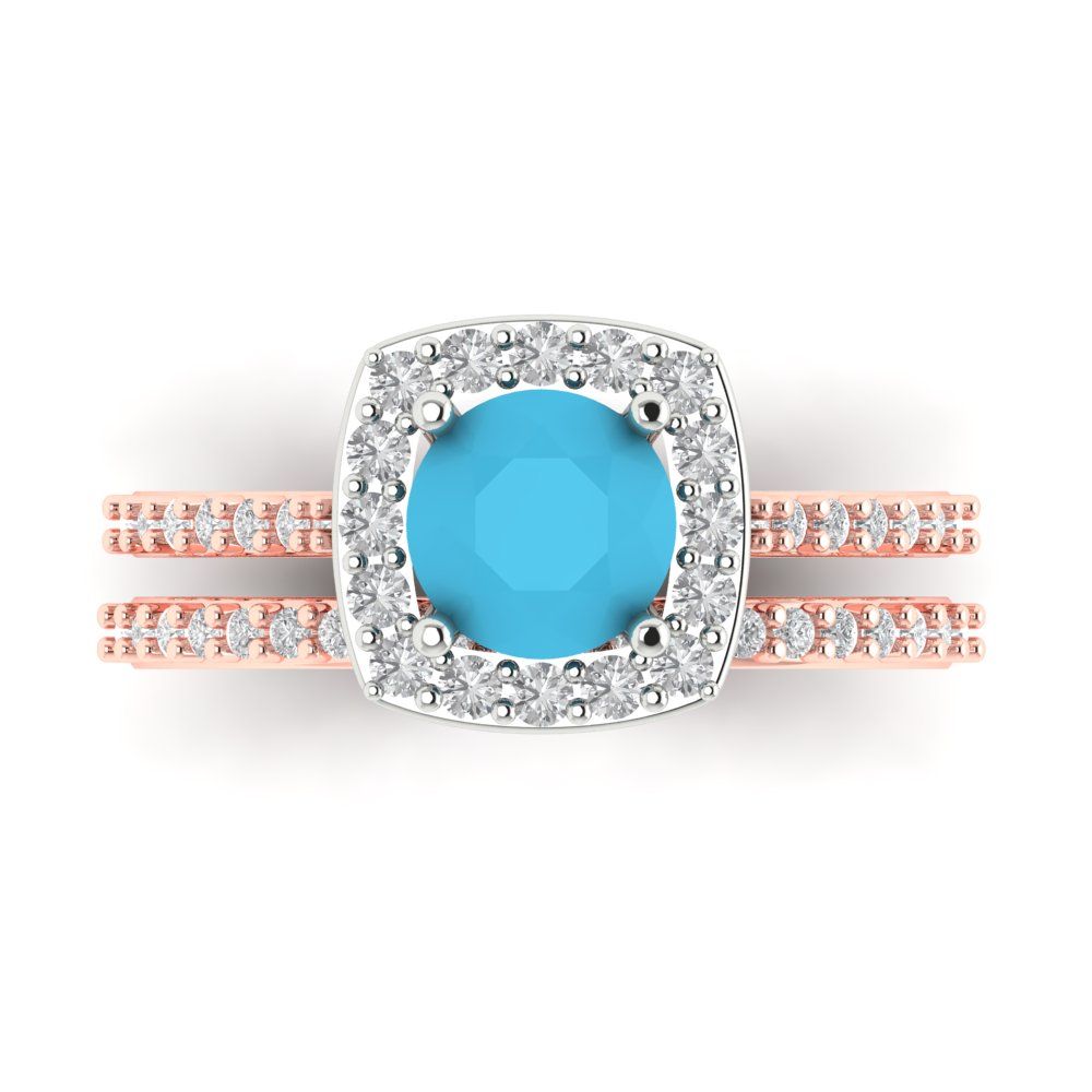 1.495 cttw Round Cut Simulated Turquoise Bridal Set - Solid Rose/White Gold Engagement Ring & Wedding Band