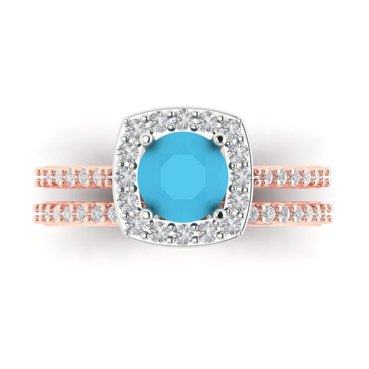 1.495 cttw Round Cut Simulated Turquoise Bridal Set - Solid Rose/White Gold Engagement Ring & Wedding Band