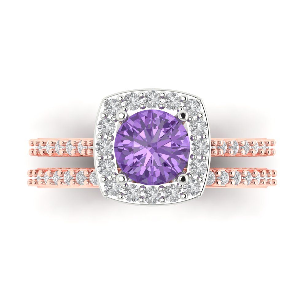 1.495 cttw Round Cut Simulated Alexandrite Bridal Set - Solid Rose/White Gold Engagement Ring & Wedding Band