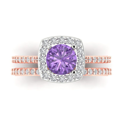 1.495 cttw Round Cut Simulated Alexandrite Bridal Set - Solid Rose/White Gold Engagement Ring & Wedding Band