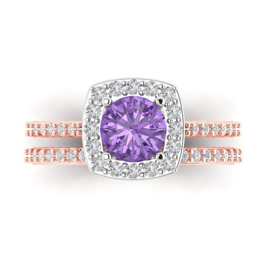 1.495 cttw Round Cut Simulated Alexandrite Bridal Set - Solid Rose/White Gold Engagement Ring & Wedding Band