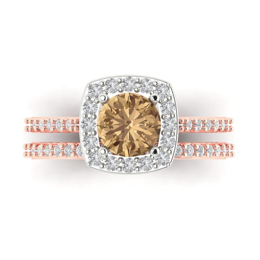 1.495 cttw Round Cut Simulated Champagne Diamond Bridal Set - Solid Rose/White Gold Engagement Ring & Wedding Band